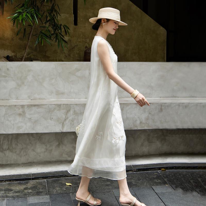 Lanseer Silk Embroidered Oblique Placket Midi Dress