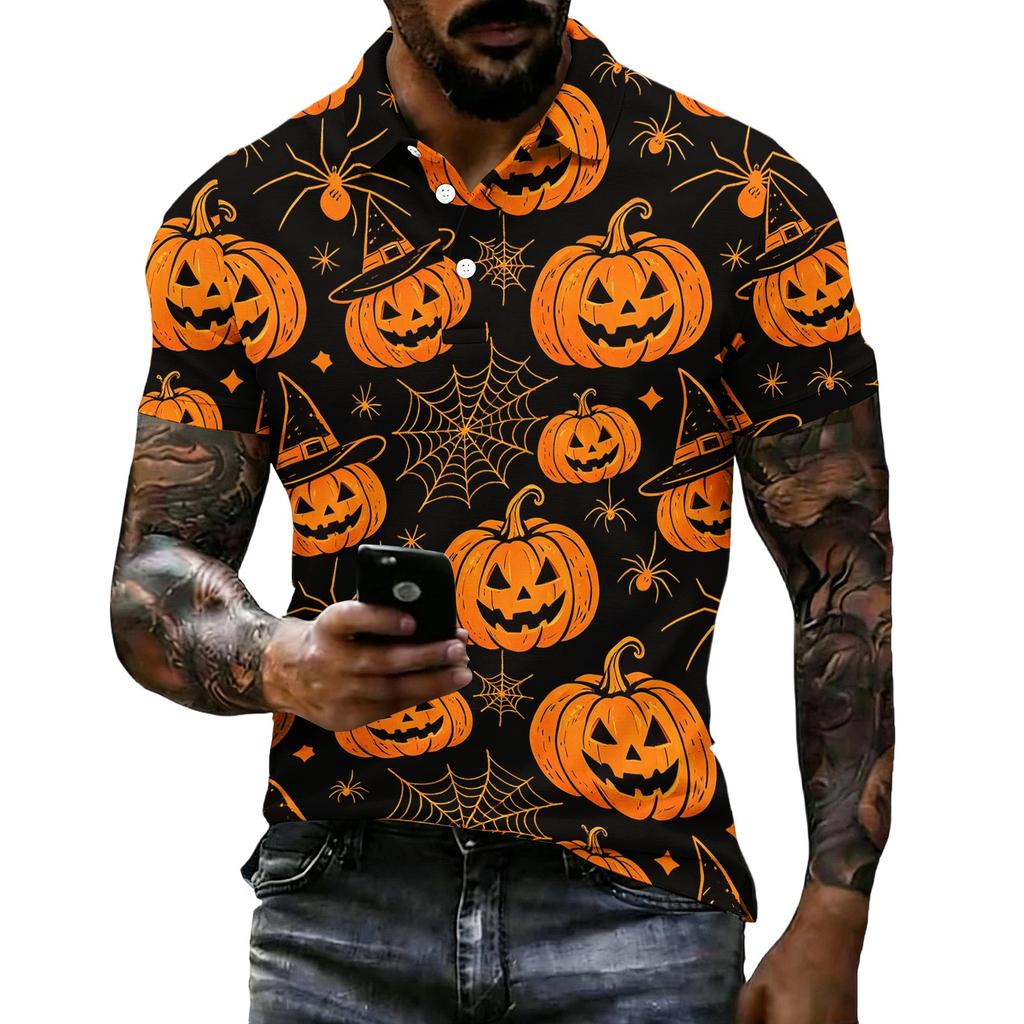 Unisex Loose Fit Casual Short Sleeve Polo Shirt with Halloween Themed Print Pullover Design for Everyday Wear