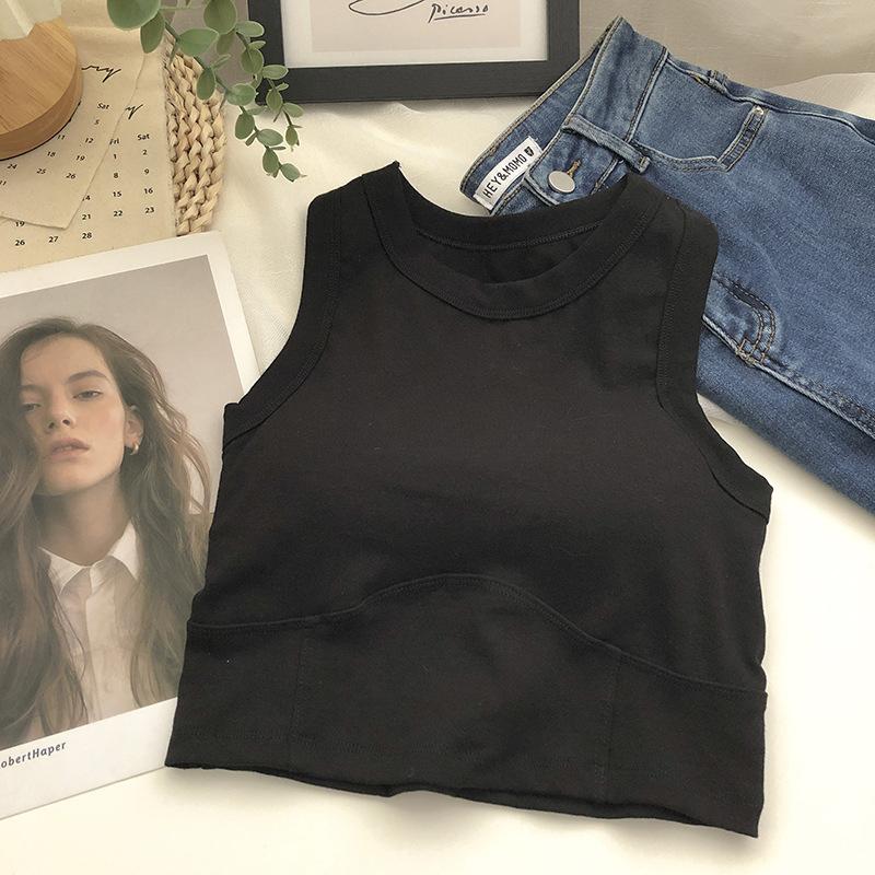 

Летняя корейская версия, тонкая однотонная блузка без косточек с накладкой на груди, короткая безрукавка, жилет на бретелях через шею для женщин One size