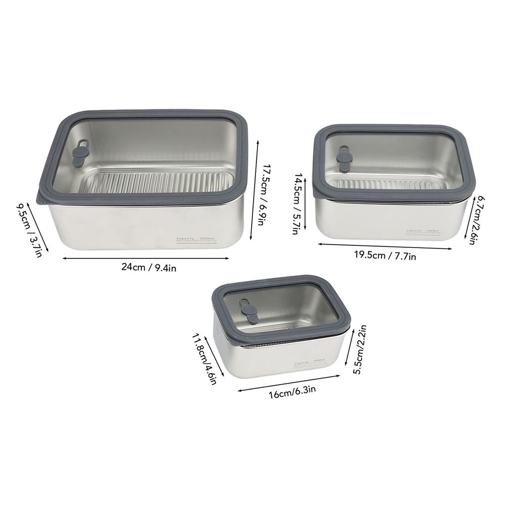 3PCS Food Storage Container Set 304 Stainless Steel Food Prep Container Lunch Box with Airtight Glas