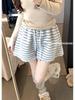 Rosa gestreifte Woll-Wintershorts für Damen mit Spitzenbesatz – hoher Bund, gerades Bein, A-Linien-Schnitt