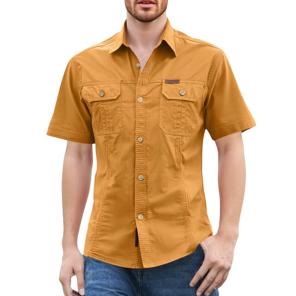 Men'S Shirt With Double Pockets Casual Short Sleeved Top Fashionable Cardigan