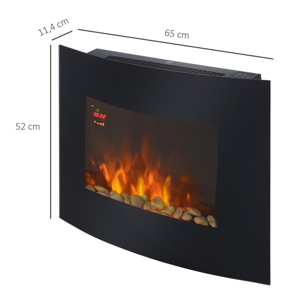 Camino elettrico da parete con riscaldamento, effetto fiamma LED, 7 colori di fiamma, 900/1800 W, timer, termostato regolabile, telecomando, nero, 65 cm