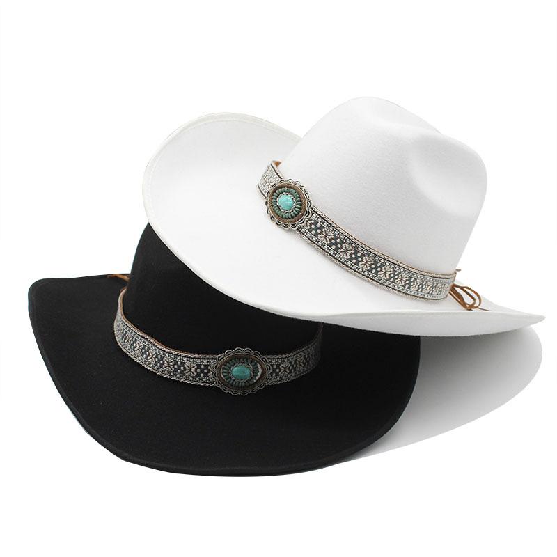 Wool Hat Western Cowboy Top Hat Men'S And Women'S Couple Hat 9.5Cm Big Brim Crimped Felt Hat