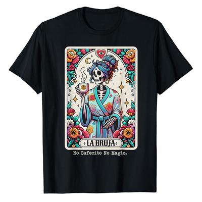 La Bruja No Cafecito No Magic Skeleton Women T-Shirt Coffee Lover Life Style Graphic Tee Funny Mexico Flag Print Hispanic Outfit