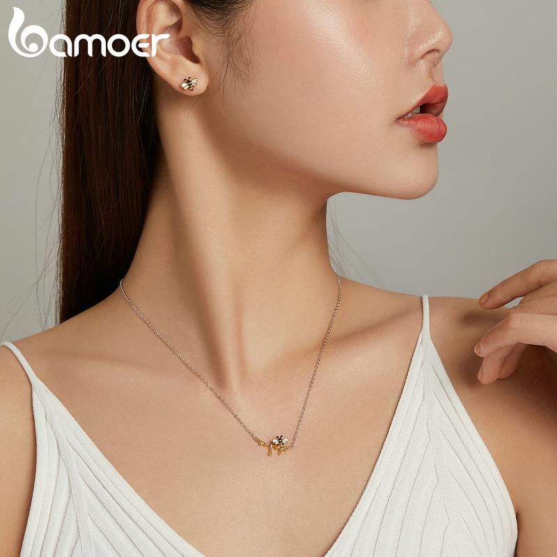 Bamoer 925 Sterling Silver Enamel Bumblebee and Sweet Honey Shiny Necklace and Earring Studs for Women Fashion Jewelry Set