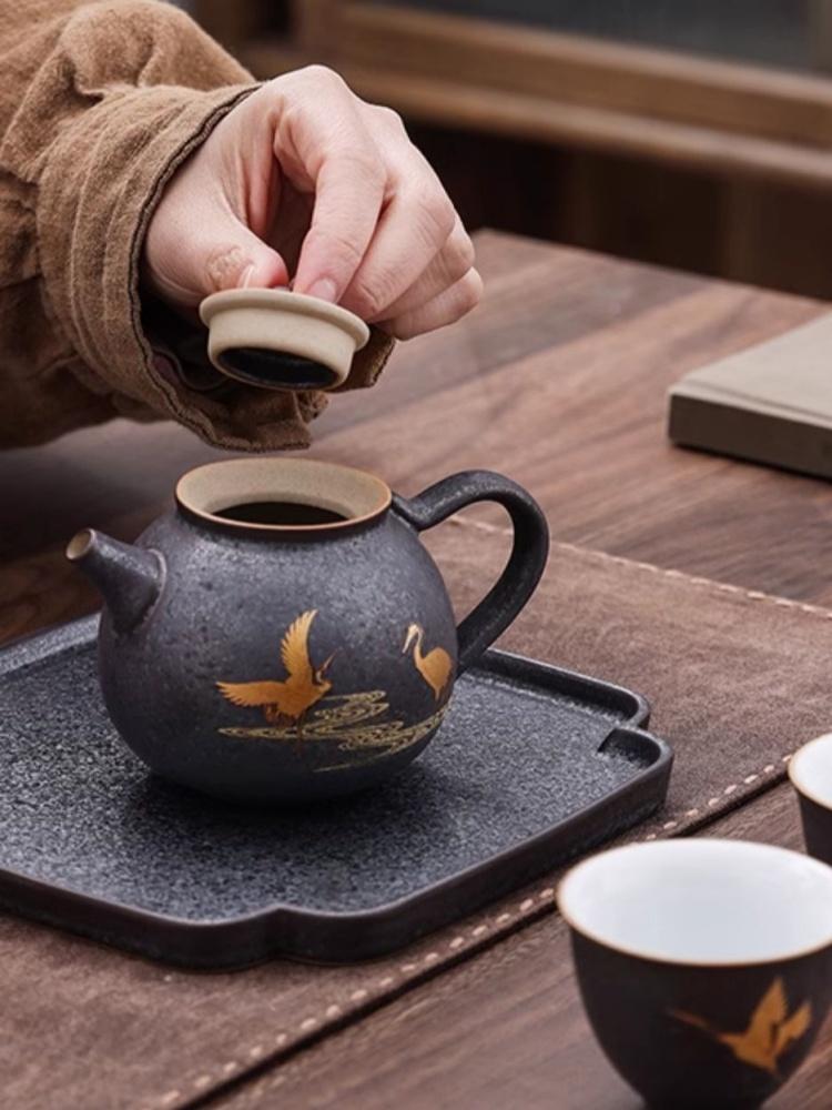 Crane Retro Japanese Style Teapot Vintage Ceramic Kung Fu Tea Little Pot of Dan Hu Pu'er Tea Tea Kettle Teaware
