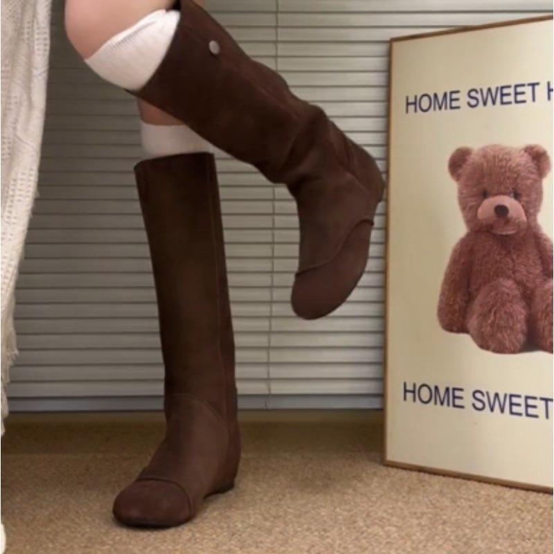 Women's Faion Boots Increased Height Plu Flat Bot High Tube Autumn Winter New Sle Retro Boots round Toe Rubber Outsole