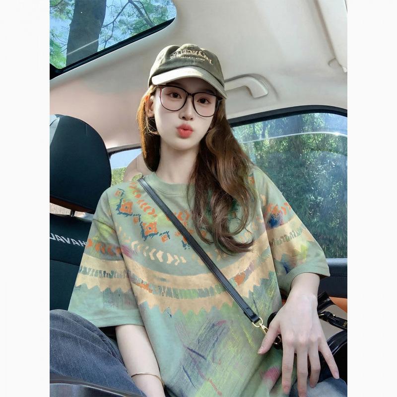 American Vintage National Trend Brand Printed Pure Cotton Short-sleeve T-shirt for Women, Summer Casual Loose Trendy Couple Short-sleeve Top