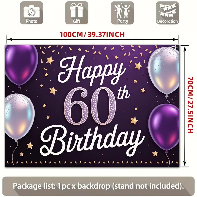 Toile de fond 2D Violet et Or « Joyeux 60e Anniversaire » avec Ballons et Étoiles