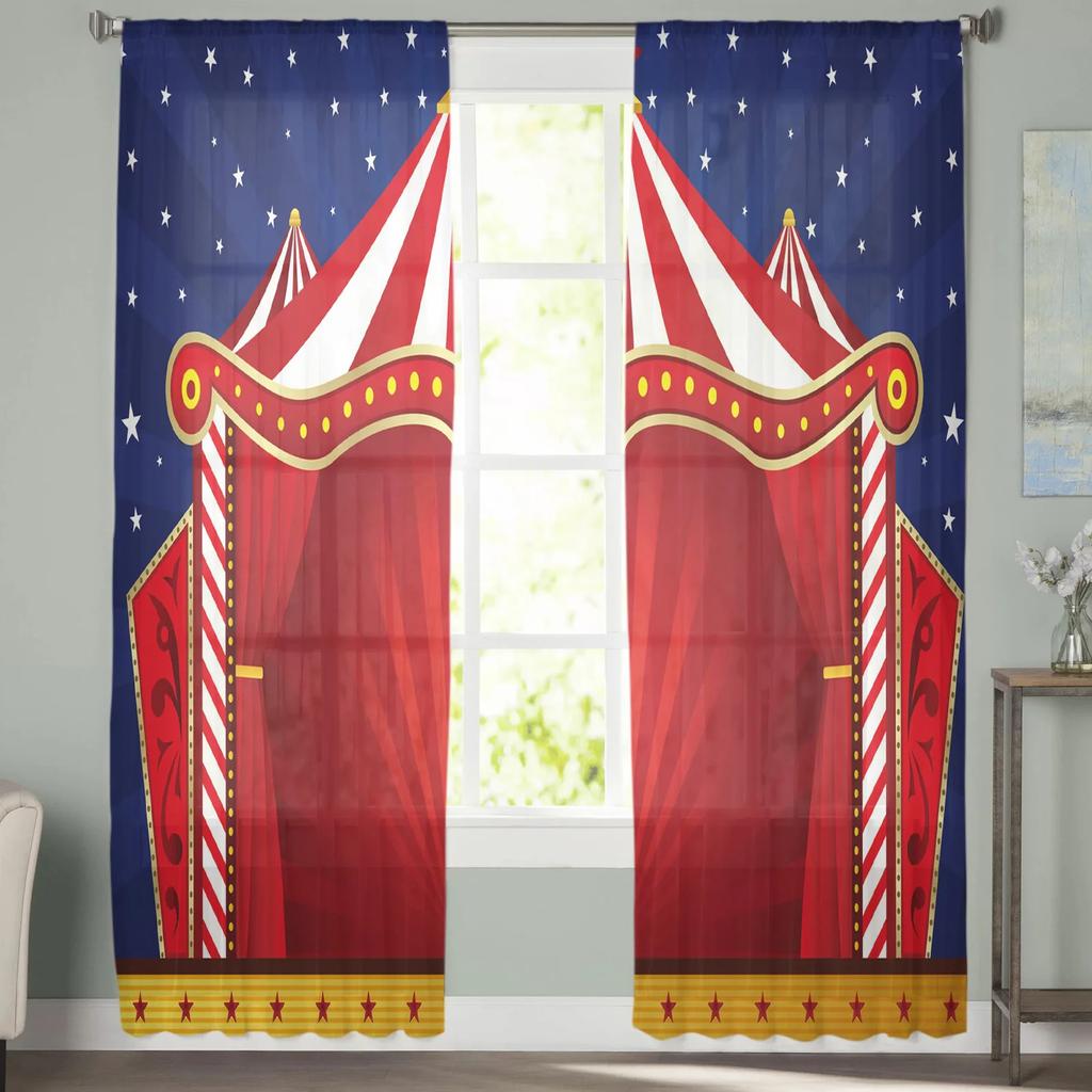 Acrobatic Field Circus Star Retro Style Tulle Curtains Living Room Decoration Chiffon Voile Kitchen Bedroom Curtain Light Filtering For Area Polyester