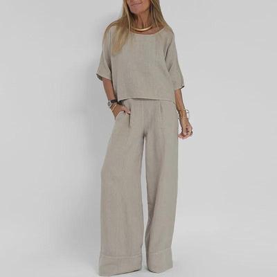 Women's Summer Solid Color Simple Casual Loose Set Round Neck Short Sleeve Top + Loose Pants Comfortable Plus Size Two Piece Set