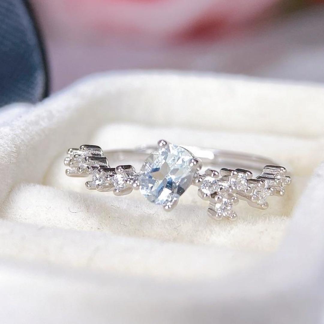 Natural Aquamarine Crystal Open Ring in S925 Silver Design Adjustable Open