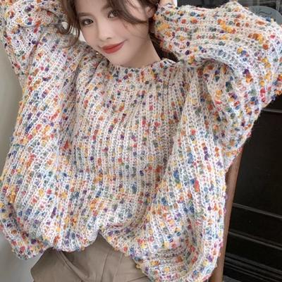 Jesień Zima Damski Niszowy Retro Kolorowy Sweter Dzianinowy Luźny Lazy Style Okrągły Dekolt Pulower Odzież Wierzchnia Odzież Wewnętrzna