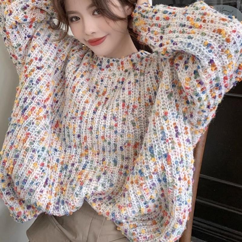 Otoño Invierno Suéter de Punto Niche Retro Colorido para Mujer Estilo Holgado y Perezoso Cuello Redondo Jersey Ropa Exterior Ropa Interior