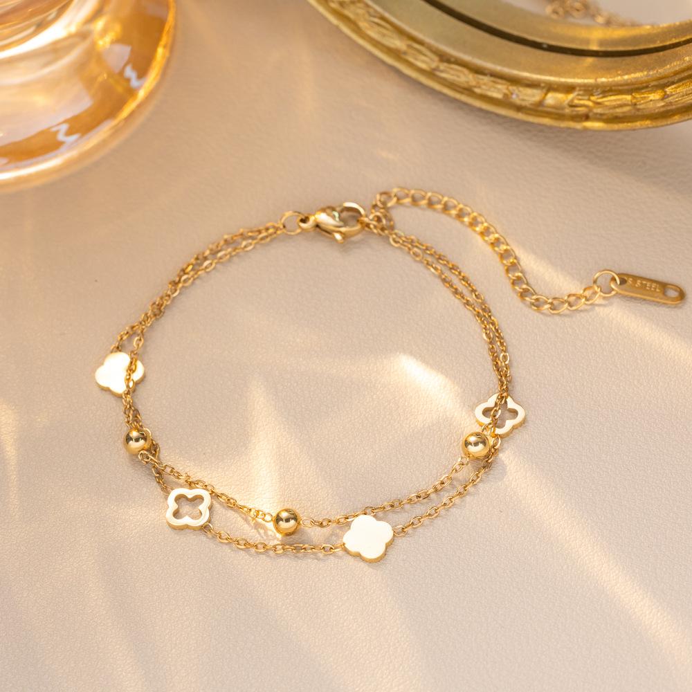 Double-layer Four-leaf Clover Titanium Steel Bracelet for Women Fashionable Versatile Exquisite High-end Jewelry Colorfast