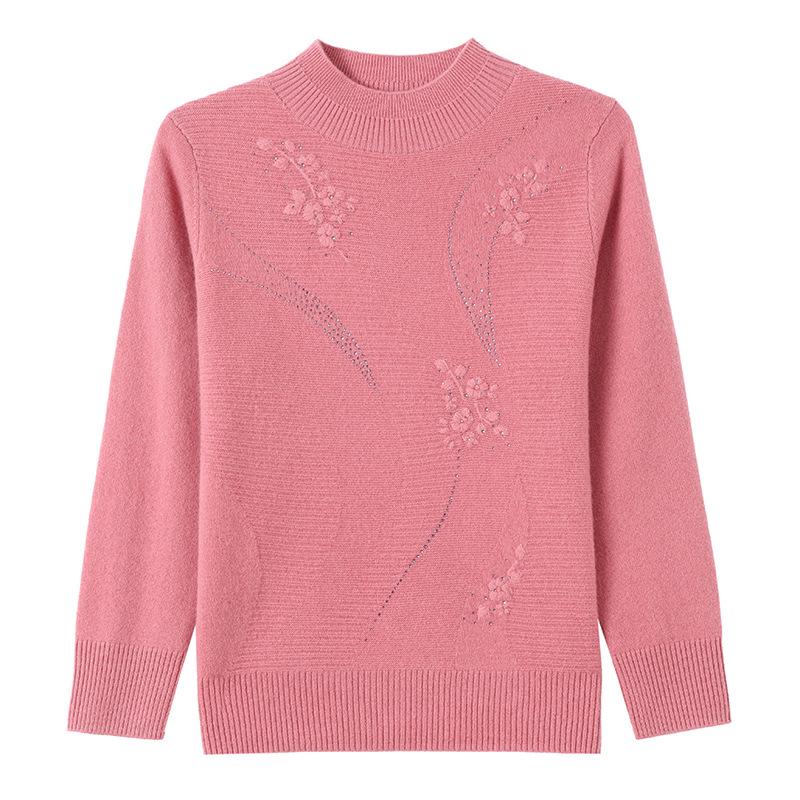 Autumn/Winter 100% Pure Wool Sweater for Mature Women - Knitted Base Layer with Stylish Embroidered Half-High Neck