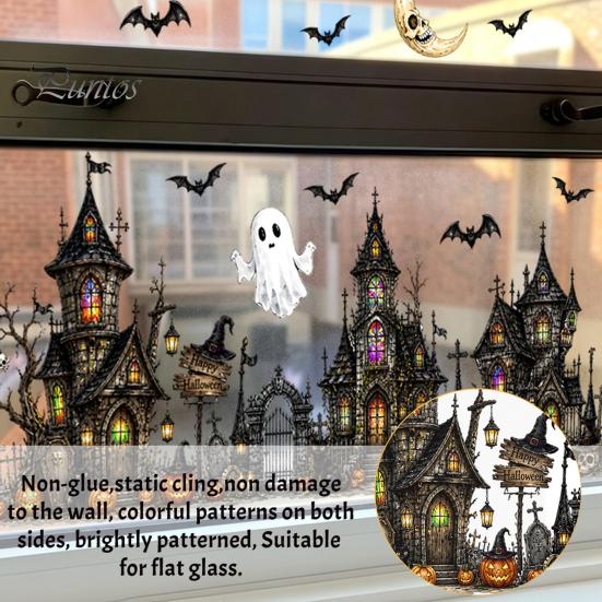 Seasonal Room Accents Halloween Window Static Sticker, Ghost Castle Black Cat Print Decals, Cartoon Patterns Waterproof PVC Cling for Home Holiday