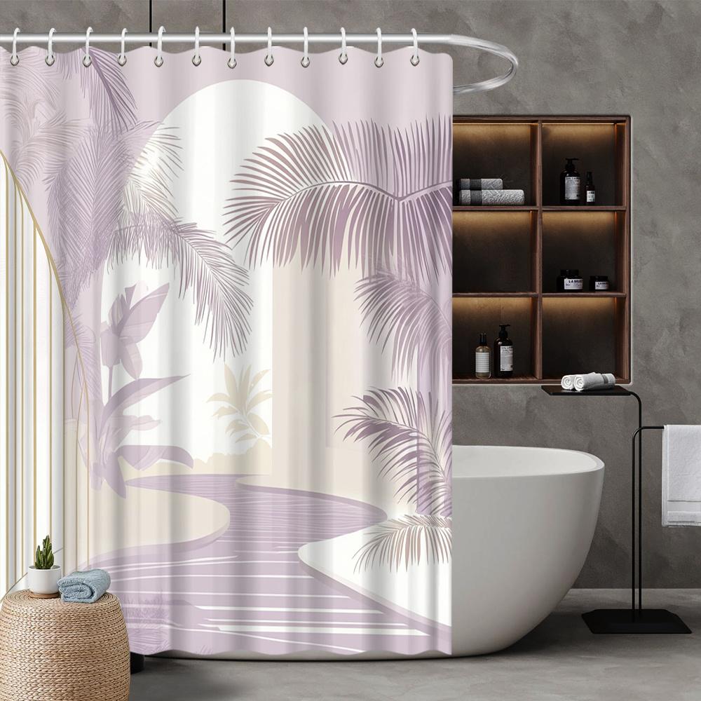 Tropical Palm & Turtle Shower Curtain, Sunset & Beach Scene, Fade-Resistant Polyester, All-Season Bathroom Decor W90xH180cm