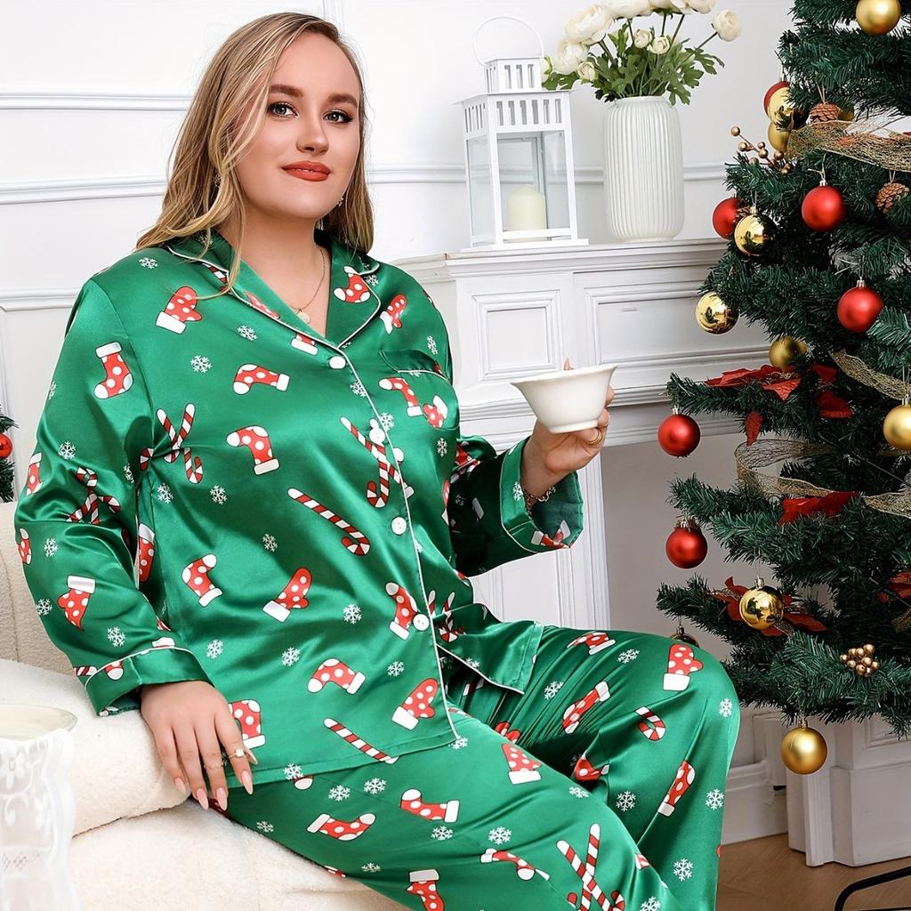 Plus Size 5XL 4XL Women's Christmas Pajama Set Two-Piece Sleepwear Loungewear Long Sleeve Top and Pants Pajama Set for Women Pijama Homewear