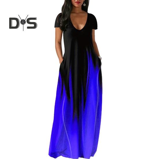 Women Maxi Dress with Pockets V Neck Short Sleeves Gradient Contrast Colors A-line Full Length Dress for Daily Party Dating