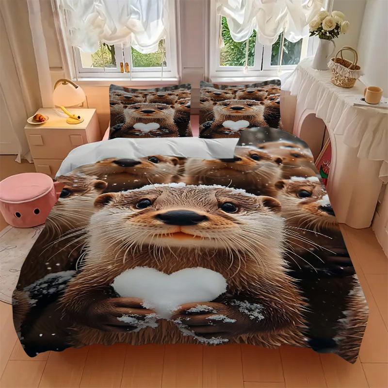 3-teiliges Anime-Otter-Herz-Schneeflocken-Bettwäscheset - Enthält eine Bettbezug und zwei Kissenbezüge (Kein Kern) - Polyesterstoff, Perfekt für Schlafzimmer