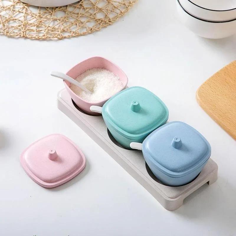 Wheat Straw Seasoning Box Plastic Spice Jar Kitchen Salt Condiment Cruet Storage Box Containers