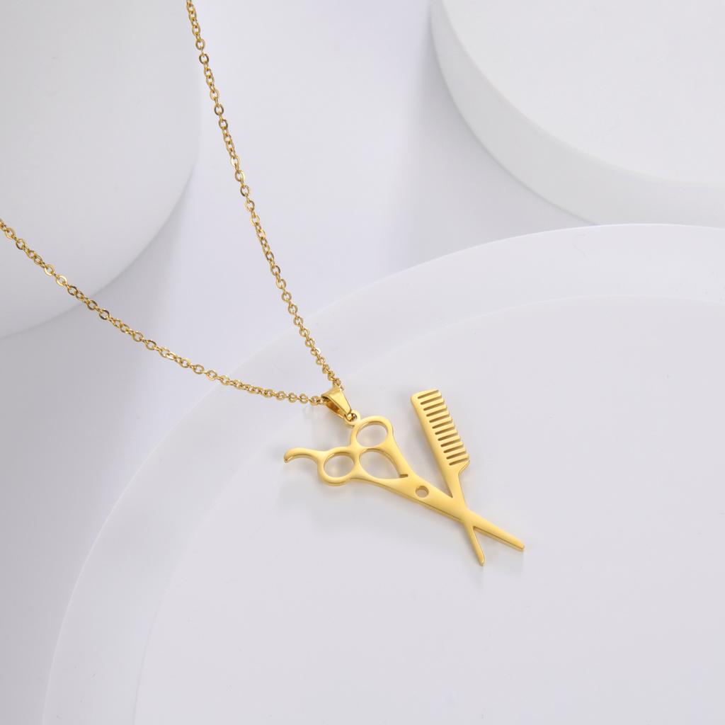 Cazador Hair Stylist Pendant Scissors Comb Chain Necklaces Stainless Steel Necklace Punk Trendy Jewelry for Women Birthday Gift