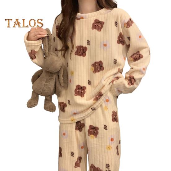 Ensemble de pyjama d'hiver 2 pièces pour femme, col rond, motif ours et pêche, manches longues, polaire corail, vêtements d'intérieur, haut et pantalon, vêtements de détente amples pour femme