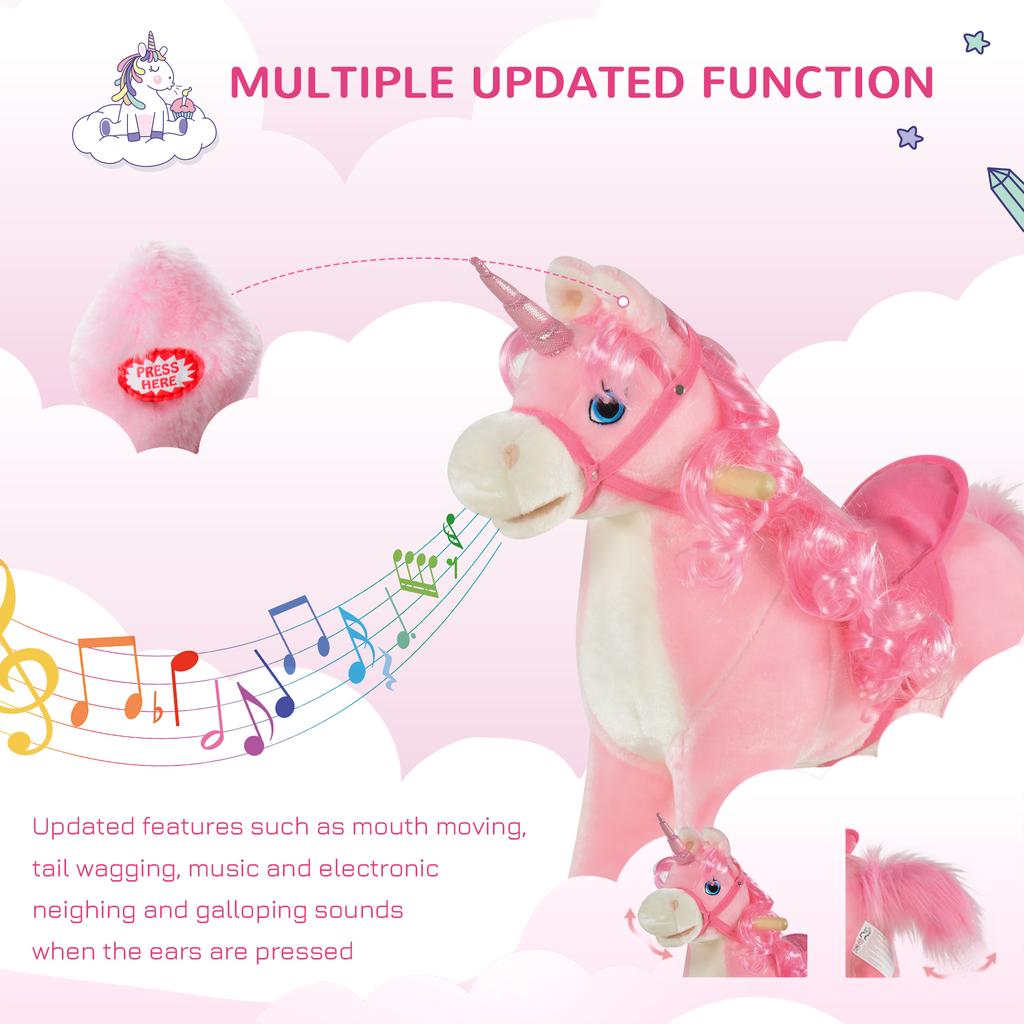 Kinder Plüsch Schaukelpferd Reittier Einhorn mit Geräusch Bewegendem Mund Wedelndem Schwanz Kinder Schaukeltier Spielzeug Geschenk 3-6 Jahre Rosa