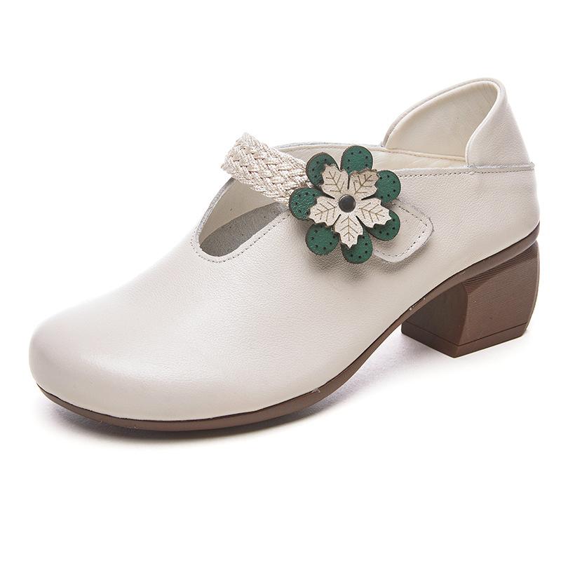 Women's Shoes Head Layer Cowhide Leather Shoes Ethnic Style Thick Heel Soft Bottom Single Shoes