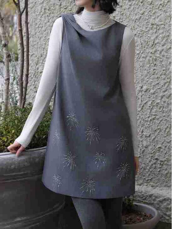 Women's Wool Blend Sleeveless Vest Dress with Firework Embroidery A-line Skirt - Spring Style S1QZ010