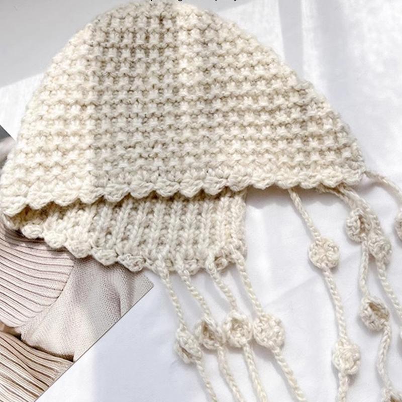 Autumn And Winter Warm Wool Hat Hand-Woven Hollow Bag Hat Women'S Ethnic Style Fringed Ear Protector Knitted Hat