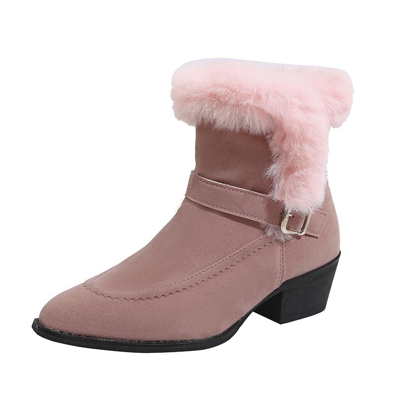 Fashion Winter New Block Heel Cotton Boots Women's Fashion Pointed Toe Side Zipper Suede Metal Buckle Short Boots