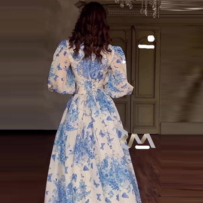 2024 Sommer Damen Frisches Elegantes Langes Kleid mit Süßem Druck