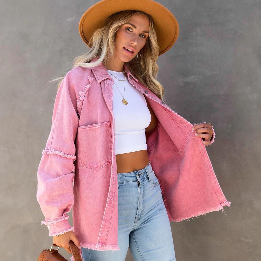 Herbst Damen Langarm Jeansjacke Raw Edge Mittellange lockere Jacke