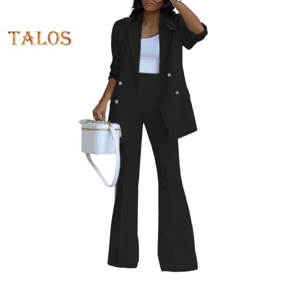 2 ks/sada Dámské Kabát Kalhoty Set Klopa Dvouřadý Kardigan Střední Délka Sako s dlouhým rukávem Široká noha Vysoký pas Rovné kalhoty Dáma Formální Dojíždění