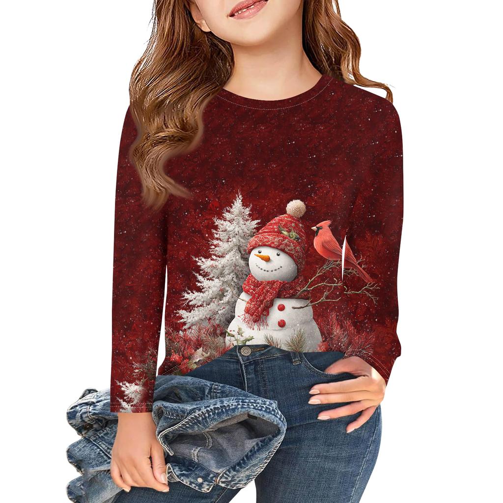 Christmas Day Girls Long Sleeve T Shirts Kids Fall Tops Crewneck Printed Basic Tees