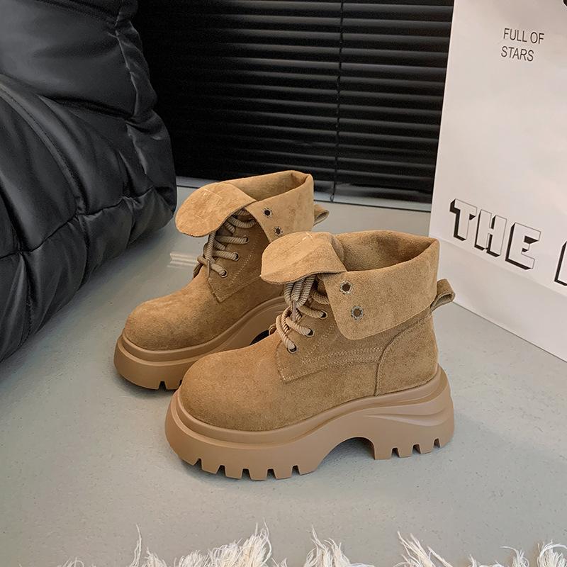 

Ретро ботинки Мартин на толстой подошве с увеличением высоты для женской коллекции осень-зима 2025, новые модные облегающие короткие ботинки на шнуровке цвета ревеня 40 хаки