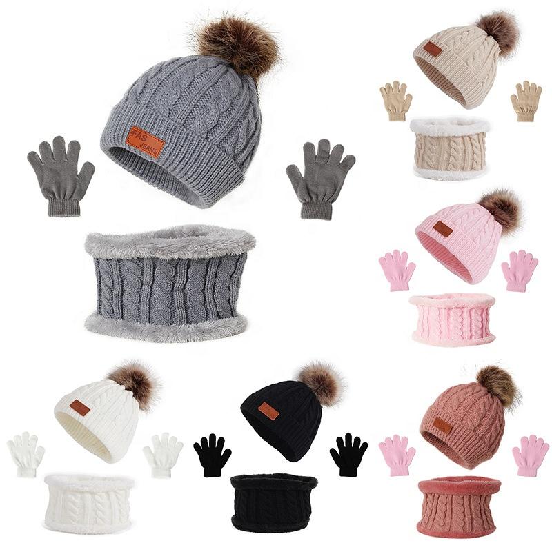 3 Stück Baby Mütze Schal Winter Gestrickt Polyester Beanie Kleinkind Mütze Kinder Junge Mädchen Säugling Flacher Rand Bommel Mützen Set Warm