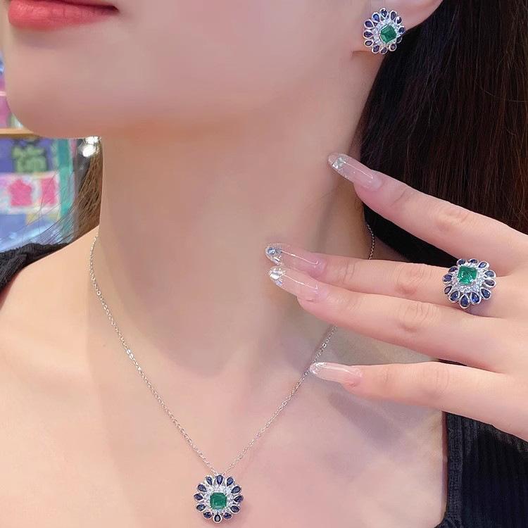 Premium Retro Sunflower Pendant, Daily Versatile Synthetic Emerald Stud Earrings, Open Ring, Colorful Treasure Set For Women
