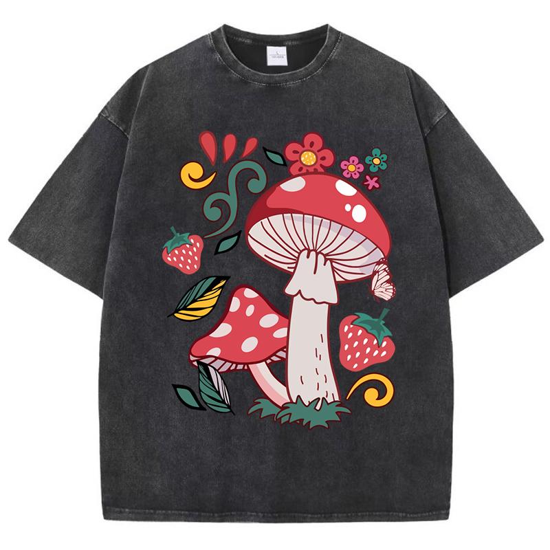 Beautiful Mushrooms Flower Strawberries Printed Washed T-Shirt Women Loose Cotton T Shirts Trendy Y2K Short Sleeve Top