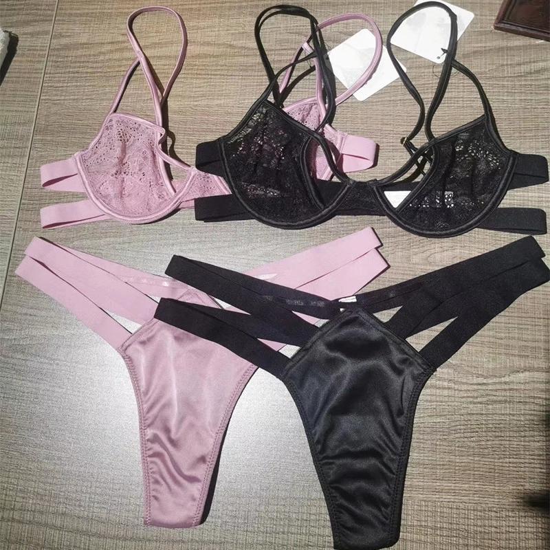 Sexy Europe Hot Spodní Prádlo Oblek Francouzská Krajka Ultratenká Transparentní Podprsenka Set Dámské Duté Bralette Spodní prádlo a Bandáž Tanga