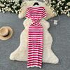 Summer Women Casual V-neck Striped Knitted Sweater Long Maxi Split Slim Bodycon Sheath Dresses