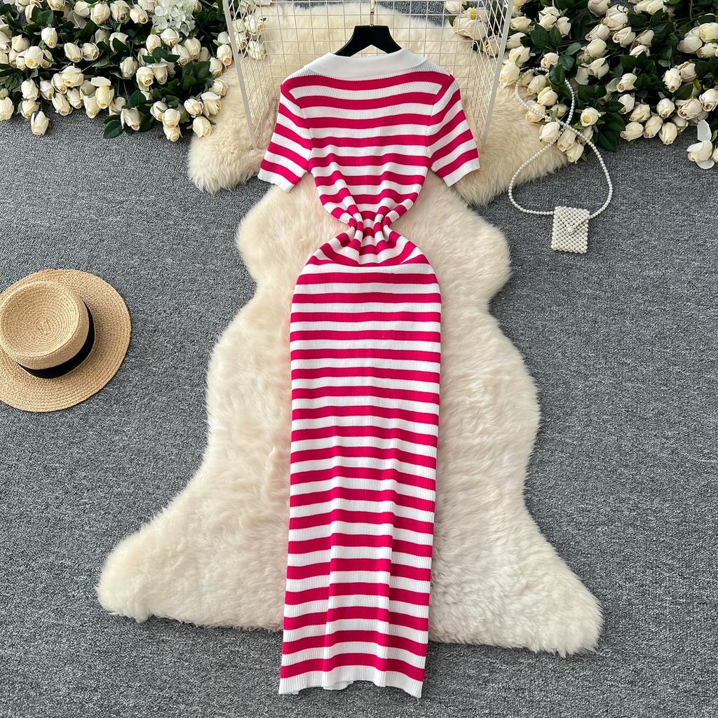 Summer Women Casual V-neck Striped Knitted Sweater Long Maxi Split Slim Bodycon Sheath Dresses