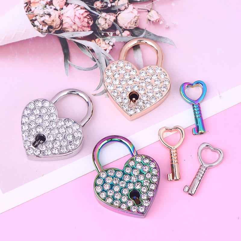 New Metal Love Wish Lock Keyed Padlocks Diamonds Heart Shaped Lock For Jewelry Box Small Wooden Box
