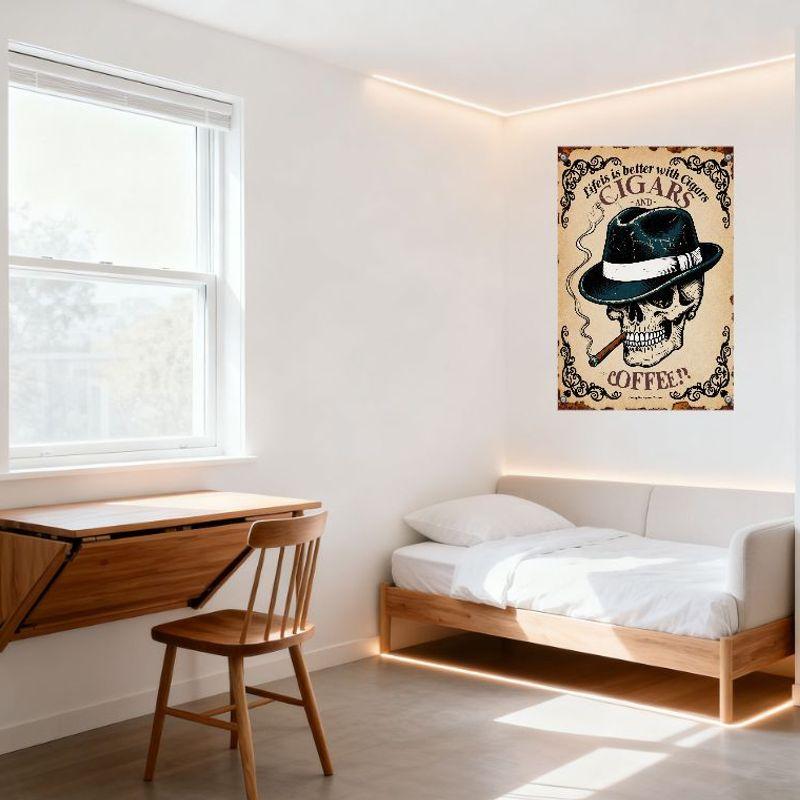 Vintage Life Is Better with Cigars & Coffee Skull Fedora Tin Sign Retro Gothic Gangster Home Wall Decor for Bar Man Cave Cafe