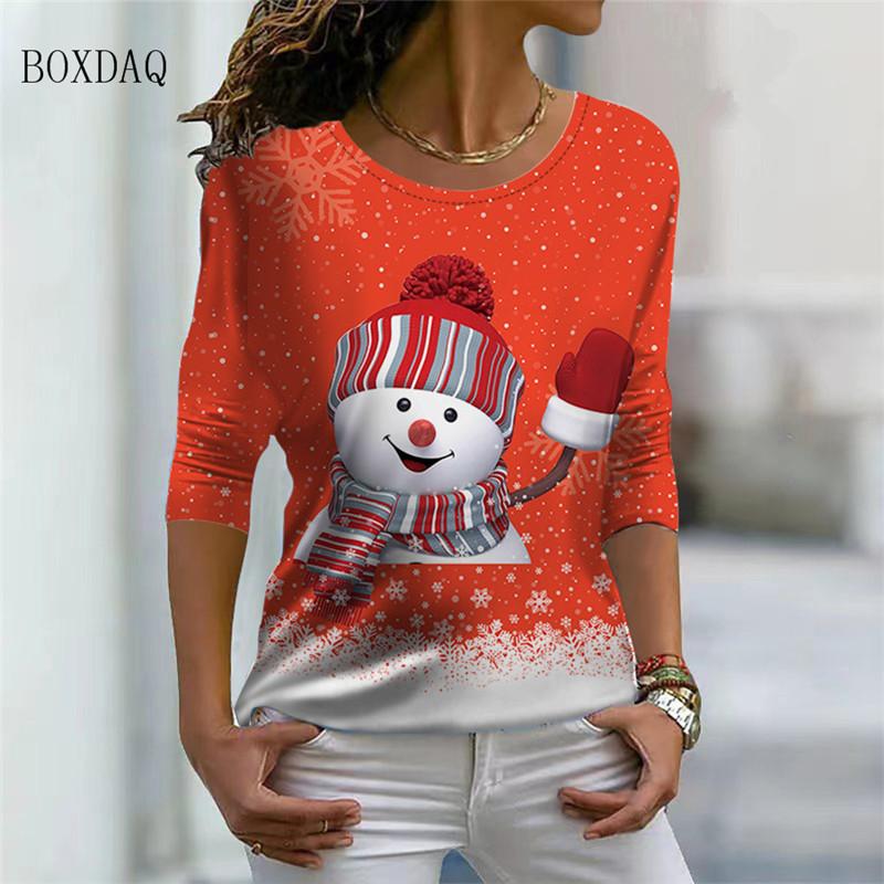 Christmas Snowman Pattern Women Cartoon T-shirts Long Sleeve 3d Print Christmas Street Ladies Tee 6XL Big Size Casual Cute Tops