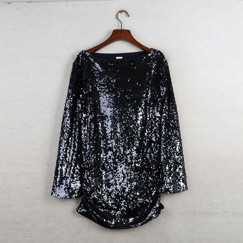 

Sunshine House Autumn New Arrival Export European and American Women s Clothing Beaded Sequins Long Sleeves Chiffon Dress Thin Skirt Dark blue Bust size 92-96