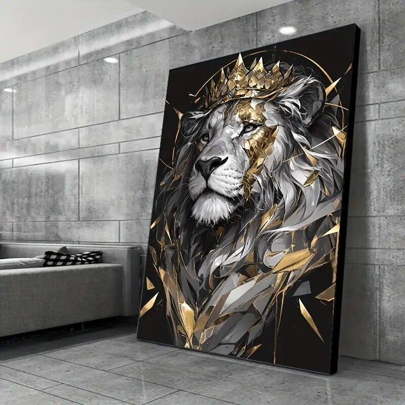 A Canvas Painting Of A Lion With A Golden Crown And Geometric Patterns - Wall Home Decoration   Suitable For Homes And Offices